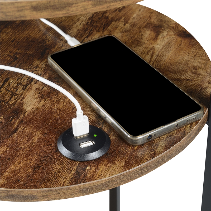 Pemberly Row Three-Tier End Table with USB Ports in Nutmeg Wood Finish