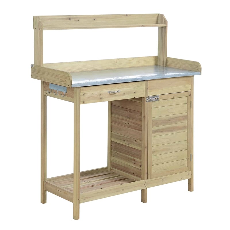 Pemberly Row Deluxe Potting Bench with Cabinet- Natural Fir Wood Finish