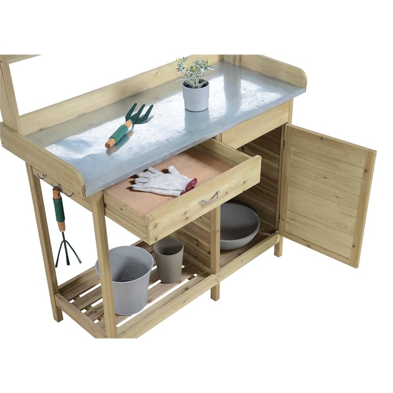 Pemberly Row Deluxe Potting Bench with Cabinet- Natural Fir Wood Finish