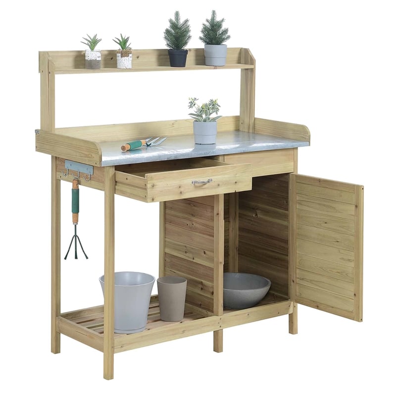 Pemberly Row Deluxe Potting Bench with Cabinet- Natural Fir Wood Finish