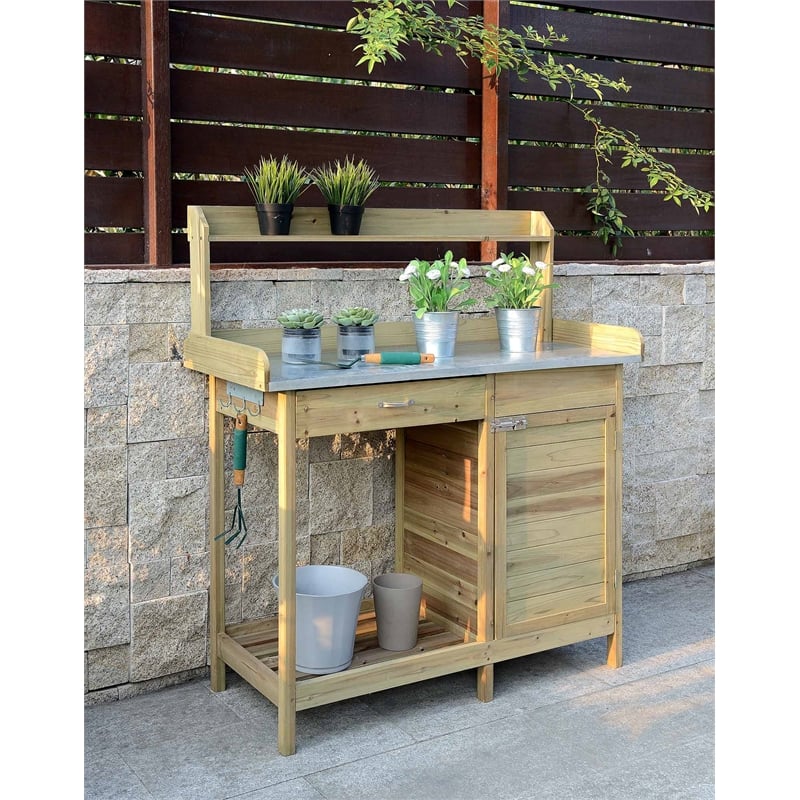 Pemberly Row Deluxe Potting Bench with Cabinet- Natural Fir Wood Finish