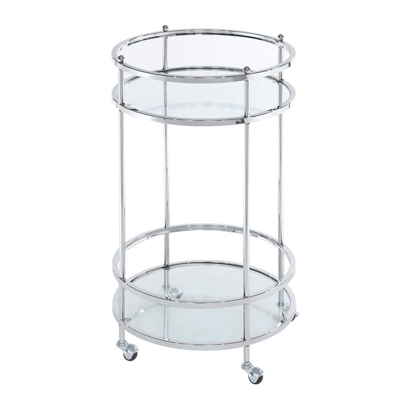 Pemberly Row Bar Cart With Wheels in Clear Glass and Chrome Metal Frame
