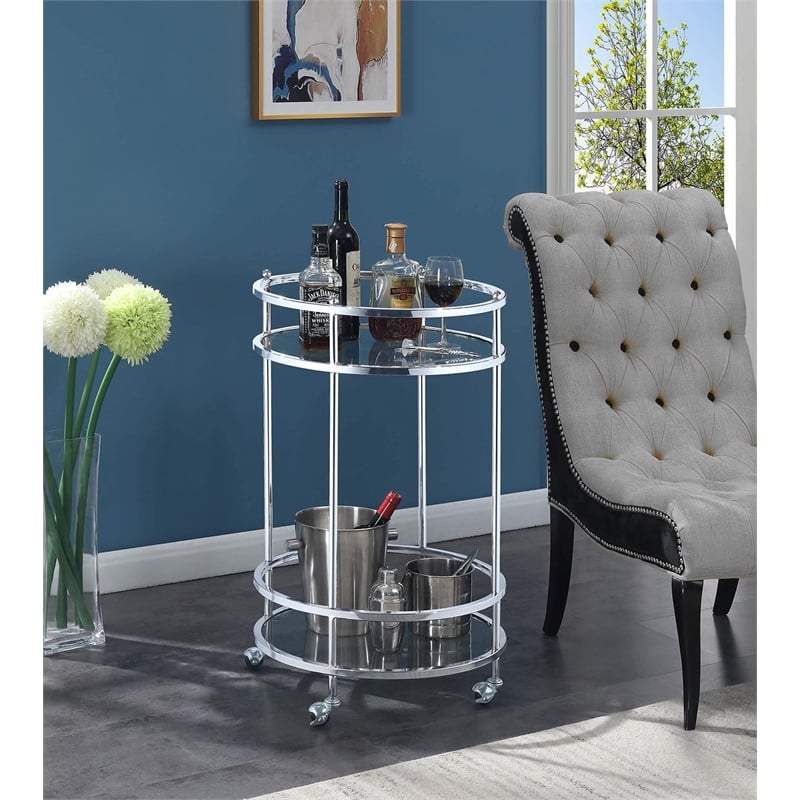 Pemberly Row Bar Cart With Wheels in Clear Glass and Chrome Metal Frame