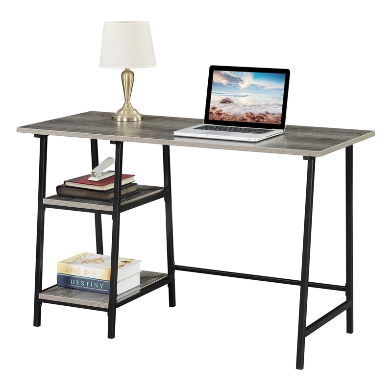 Pemberly Row Trestle Desk in Weathered Gray Wood with Black Metal Frame