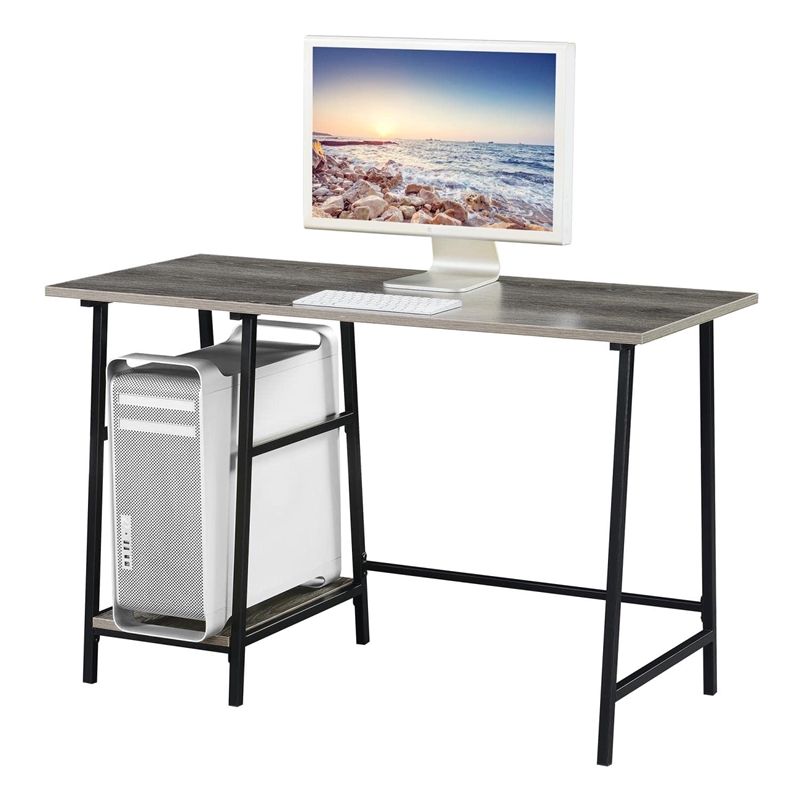 Pemberly Row Trestle Desk in Weathered Gray Wood with Black Metal Frame