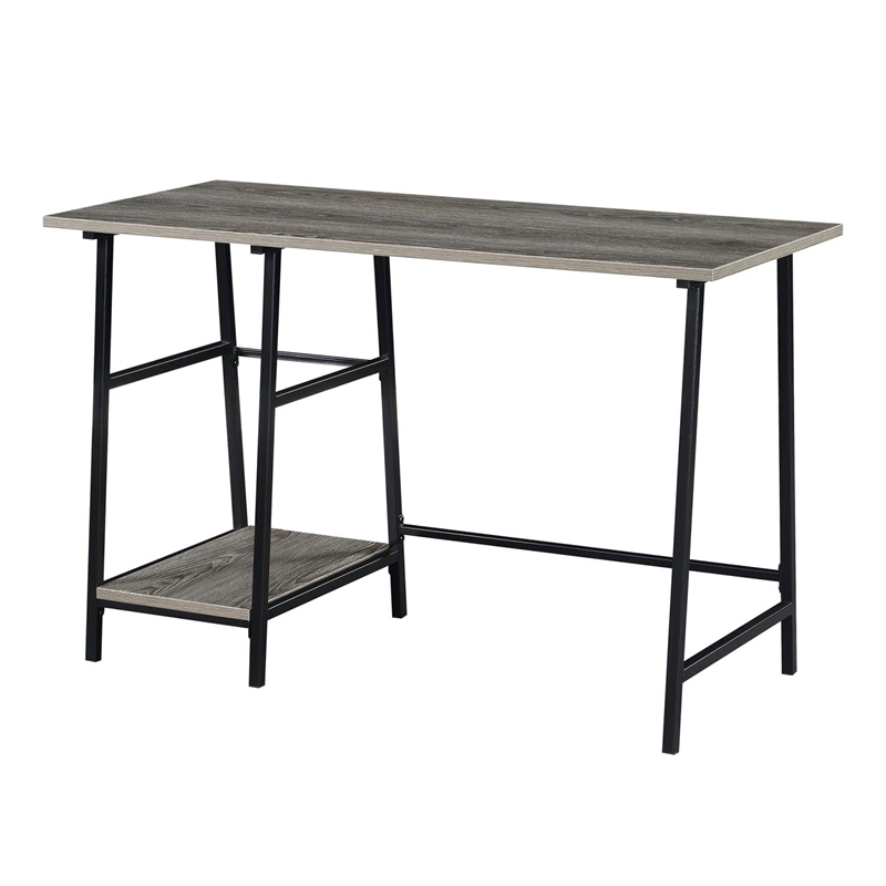 Pemberly Row Trestle Desk in Weathered Gray Wood with Black Metal Frame