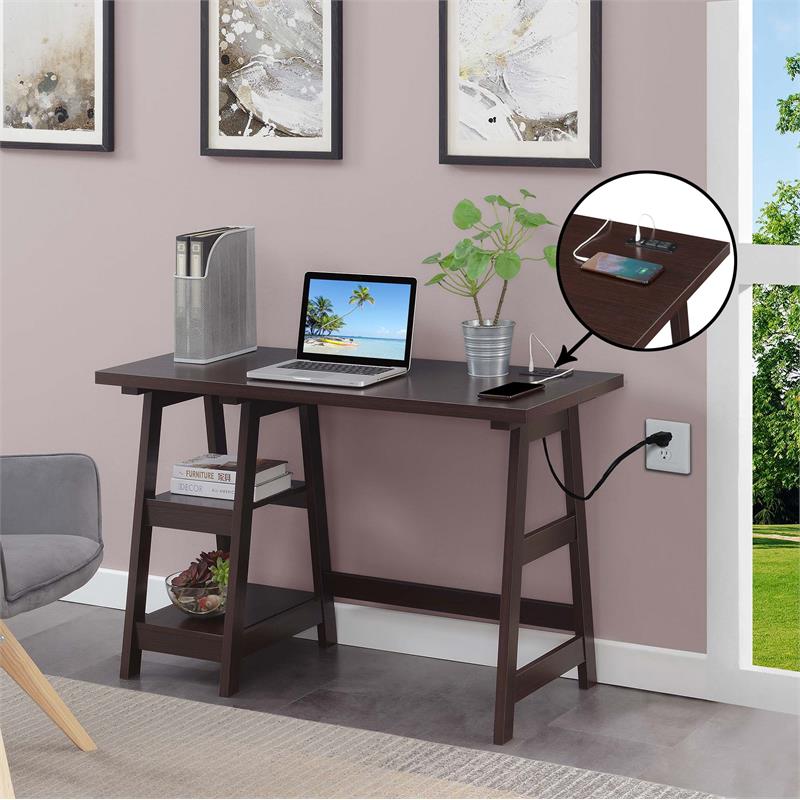 Pemberly Row Trestle Desk with Charging Station in Espresso Wood Finish