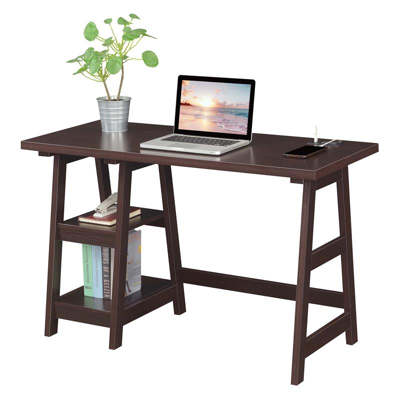 Pemberly Row Trestle Desk with Charging Station in Espresso Wood Finish