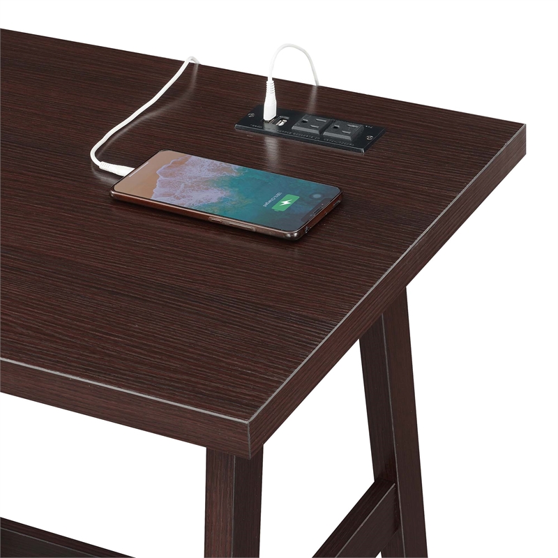 Pemberly Row Trestle Desk with Charging Station in Espresso Wood Finish
