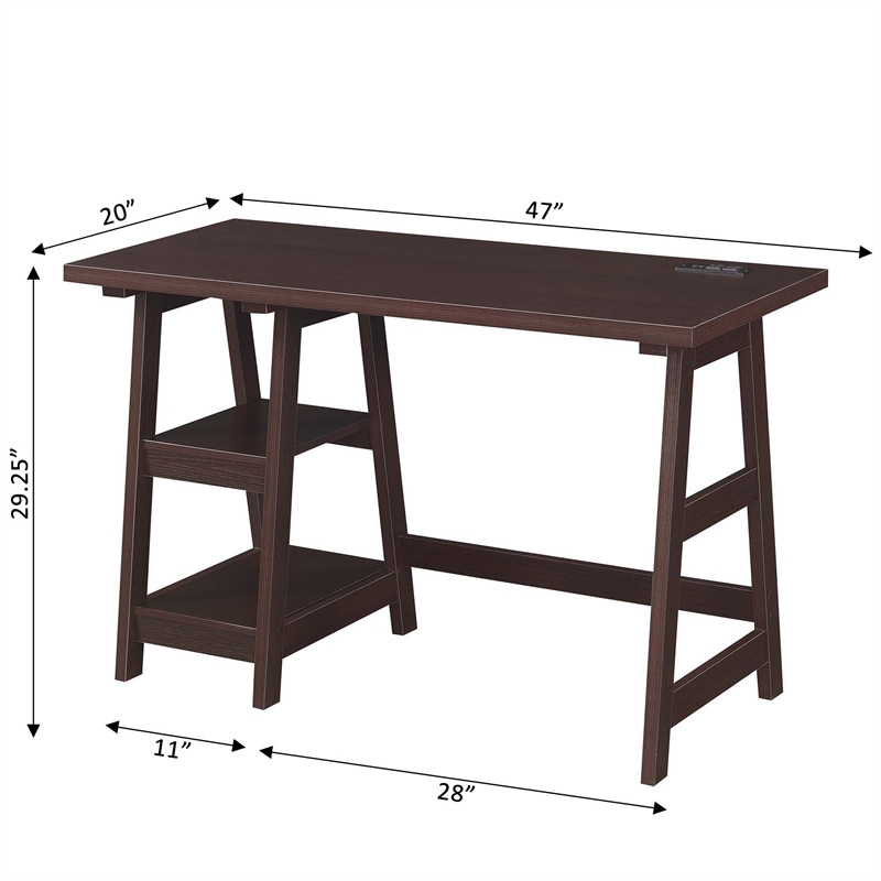 Pemberly Row Trestle Desk with Charging Station in Espresso Wood Finish