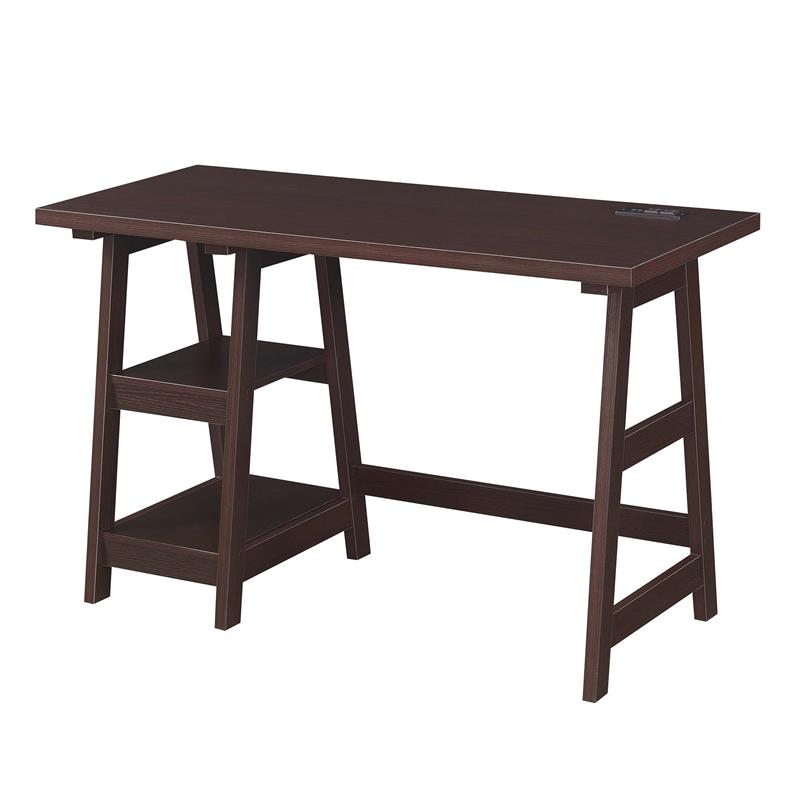Pemberly Row Trestle Desk with Charging Station in Espresso Wood Finish