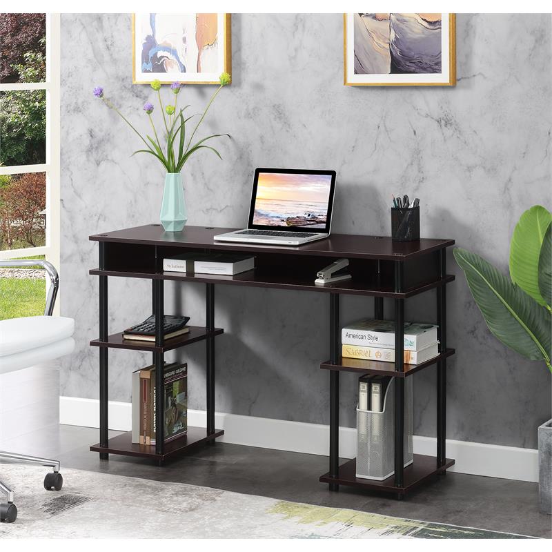 Pemberly Row No-Tools Student Desk with Shelves in Espresso Wood Finish