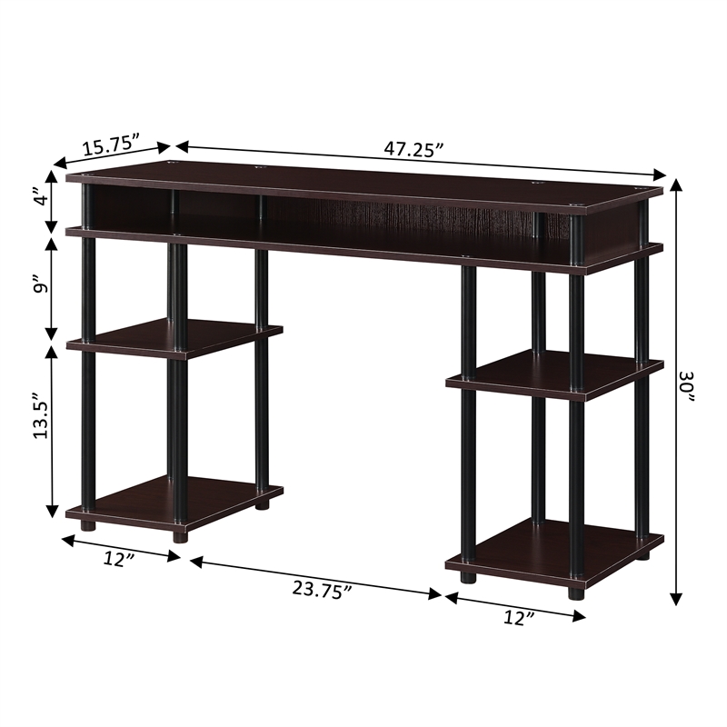 Pemberly Row No-Tools Student Desk with Shelves in Espresso Wood Finish