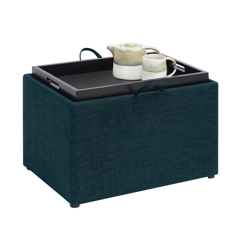 Pemberly Row Accent Storage Ottoman with Reversible Tray in Blue Fabric