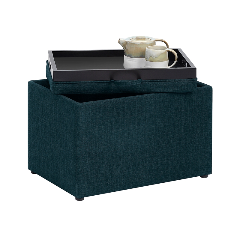 Pemberly Row Accent Storage Ottoman with Reversible Tray in Blue Fabric