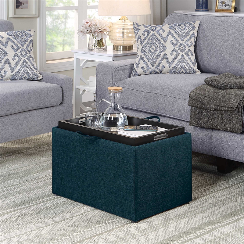 Pemberly Row Accent Storage Ottoman with Reversible Tray in Blue Fabric