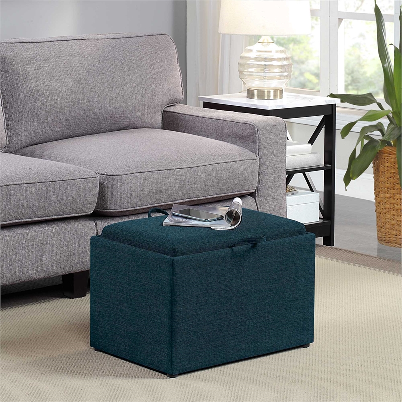 Pemberly Row Accent Storage Ottoman with Reversible Tray in Blue Fabric
