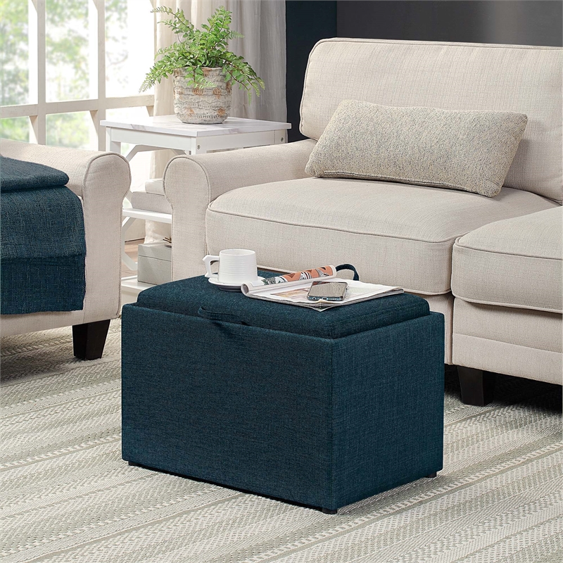 Pemberly Row Accent Storage Ottoman with Reversible Tray in Blue Fabric