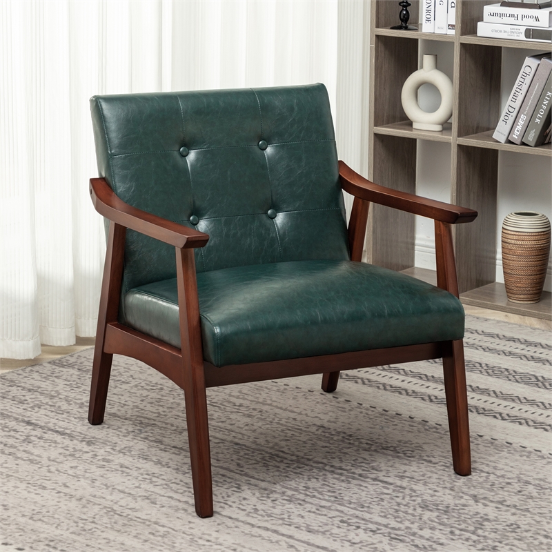 Pemberly Row Accent Chair in Green Faux Leather and Espresso Wood Frame