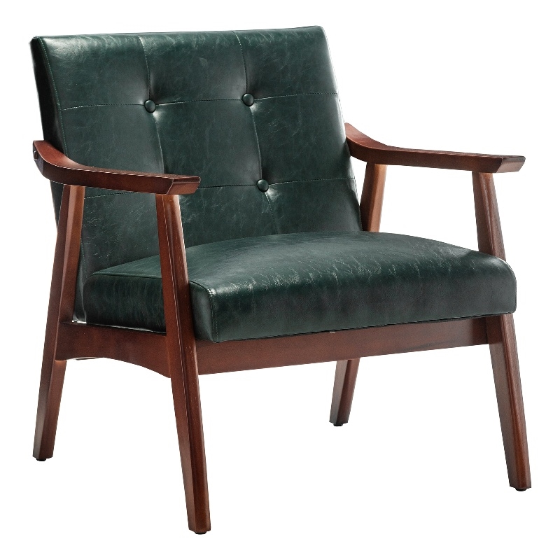 Pemberly Row Accent Chair in Green Faux Leather and Espresso Wood Frame