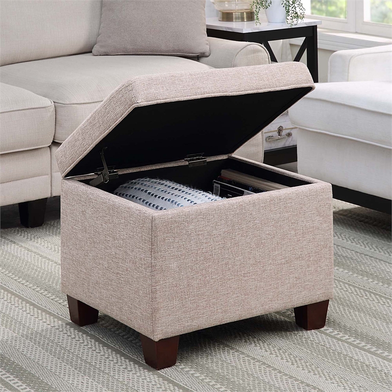 Pemberly Row Storage Ottoman in Light Beige Fabric with Solid Wood Feet