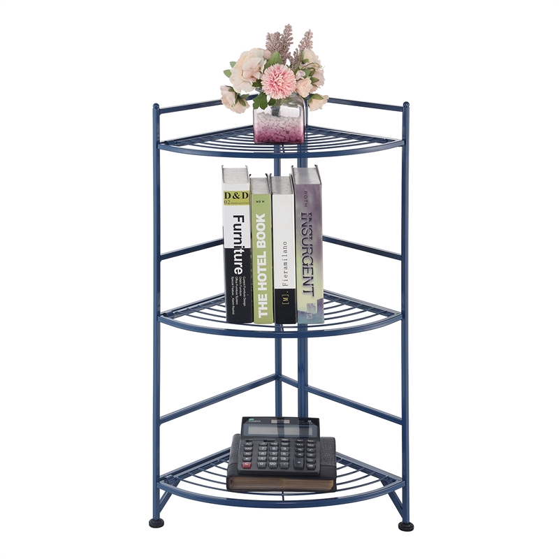 Pemberly Row Three-Tier Folding Metal Corner Shelf in Blue Metal Finish