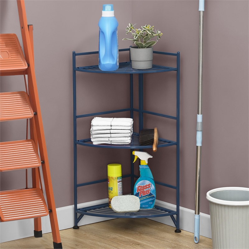 Pemberly Row Three-Tier Folding Metal Corner Shelf in Blue Metal Finish