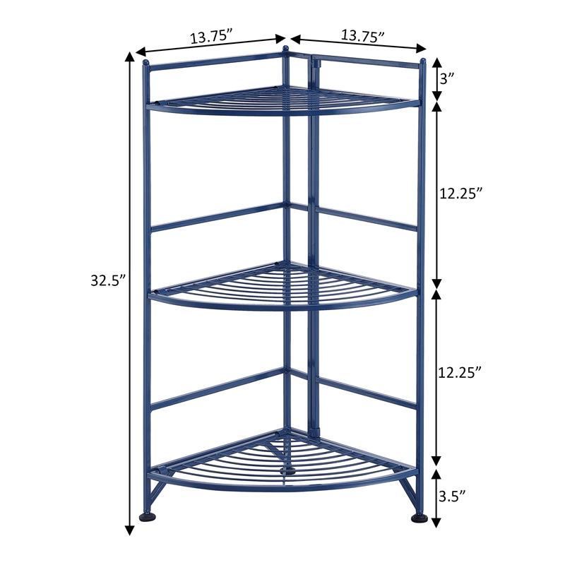 Pemberly Row Three-Tier Folding Metal Corner Shelf in Blue Metal Finish