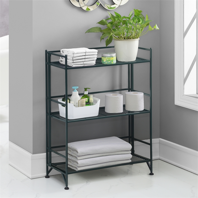 Pemberly Row Three-Tier Wide Folding Metal Shelf with Green Metal Frame