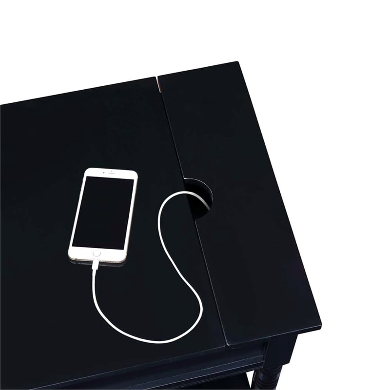 Pemberly Row Square End Table with Charging Station in Black Wood Finish
