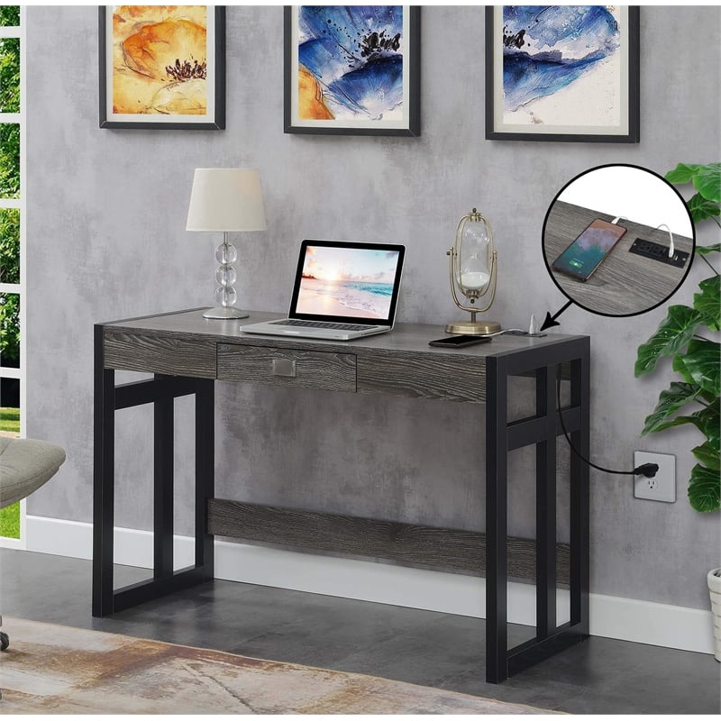 Pemberly Row 47-Inch Desk with Charging Station with Gray Wood Top & Black Frame