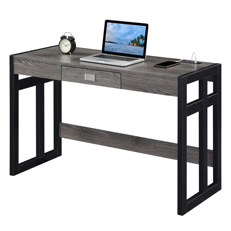 Pemberly Row 47-Inch Desk with Charging Station with Gray Wood Top & Black Frame
