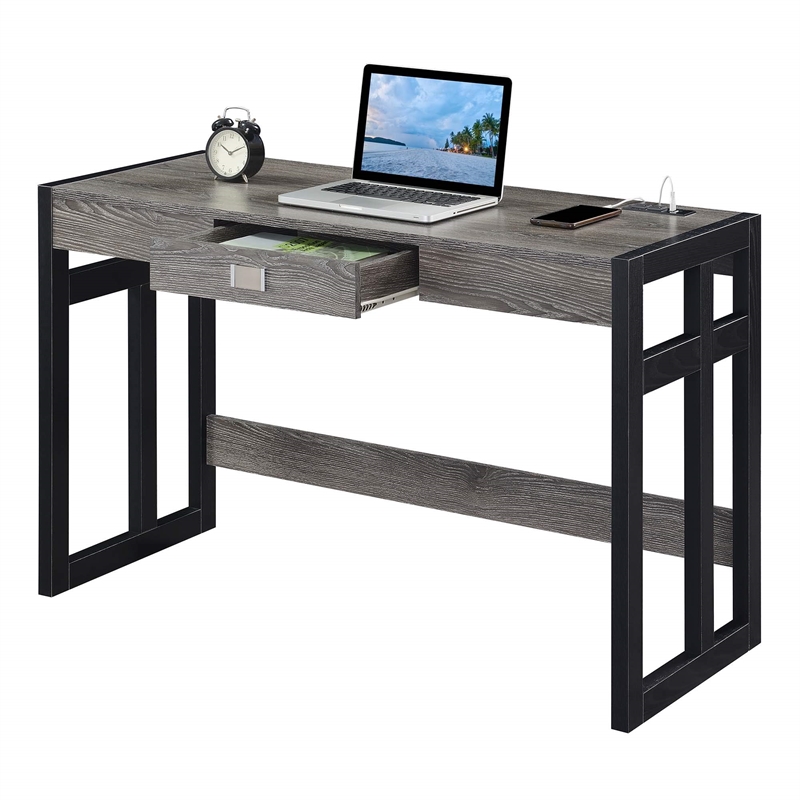 Pemberly Row 47-Inch Desk with Charging Station with Gray Wood Top & Black Frame