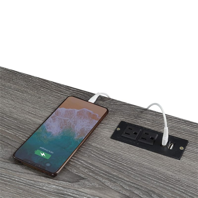 Pemberly Row 47-Inch Desk with Charging Station with Gray Wood Top & Black Frame