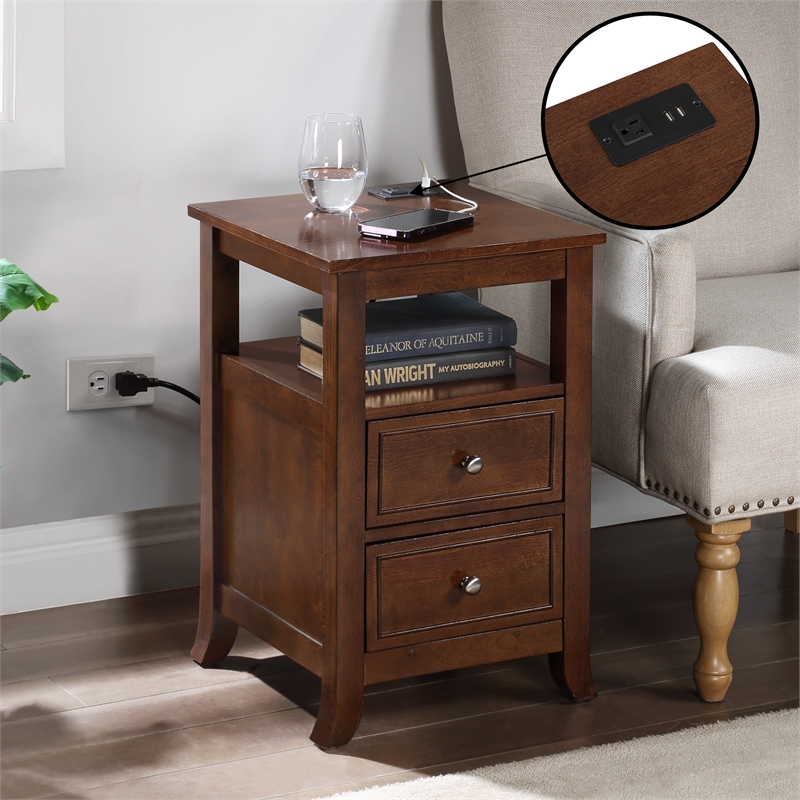 Pemberly Row Two-Drawer End Table with Charging Station & Shelf in Espresso Wood