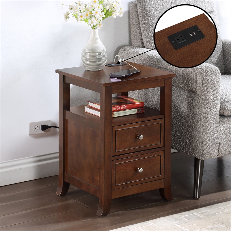 Pemberly Row Two-Drawer End Table with Charging Station & Shelf in Espresso Wood