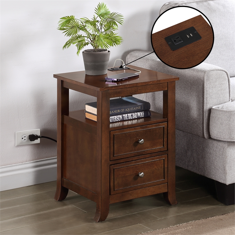 Pemberly Row Two-Drawer End Table with Charging Station & Shelf in Espresso Wood