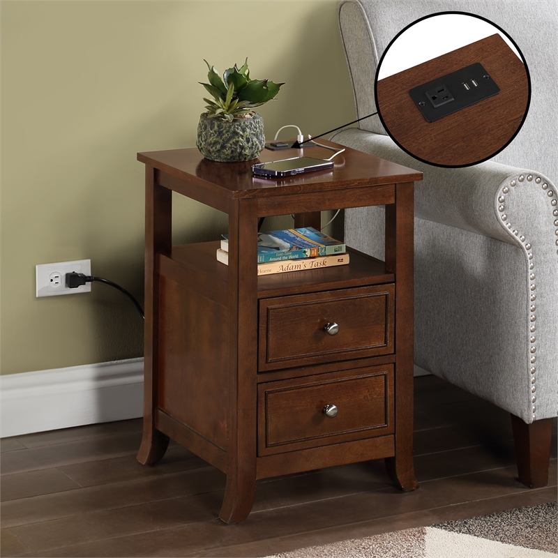 Pemberly Row Two-Drawer End Table with Charging Station & Shelf in Espresso Wood