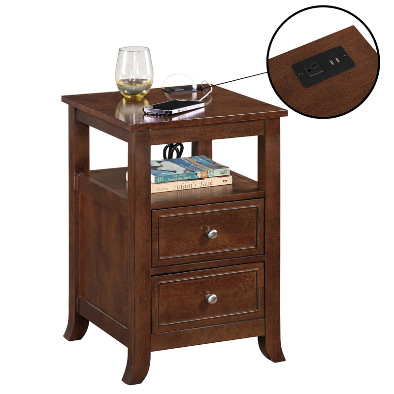 Pemberly Row Two-Drawer End Table with Charging Station & Shelf in Espresso Wood