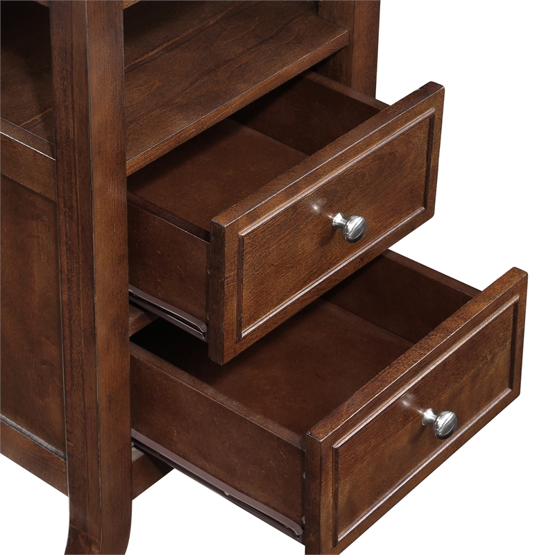 Pemberly Row Two-Drawer End Table with Charging Station & Shelf in Espresso Wood