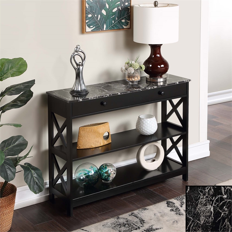 Pemberly Row 1-Drawer Console Table with Shelves in Black Wood & Faux Marble Top