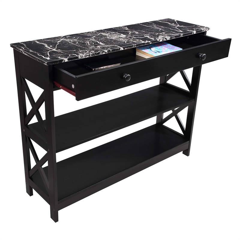 Pemberly Row 1-Drawer Console Table with Shelves in Black Wood & Faux Marble Top