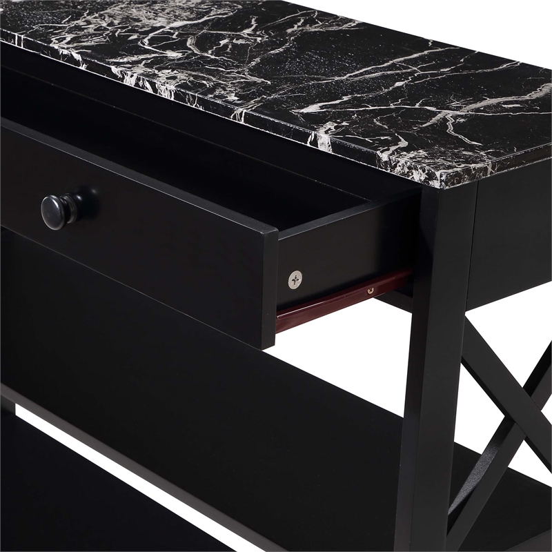 Pemberly Row 1-Drawer Console Table with Shelves in Black Wood & Faux Marble Top