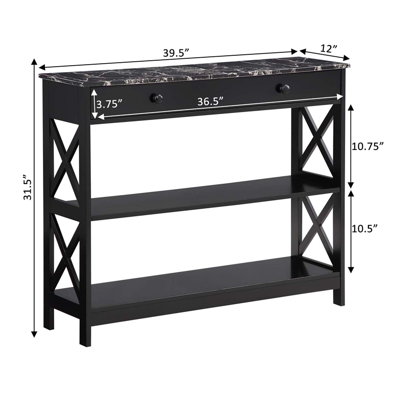 Pemberly Row 1-Drawer Console Table with Shelves in Black Wood & Faux Marble Top