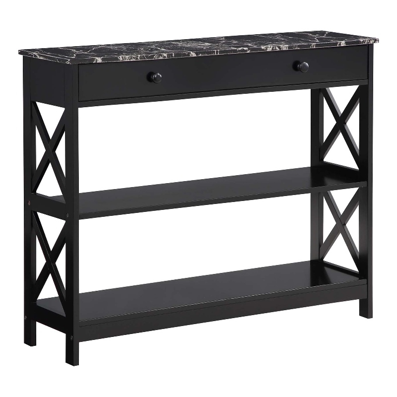 Pemberly Row 1-Drawer Console Table with Shelves in Black Wood & Faux Marble Top