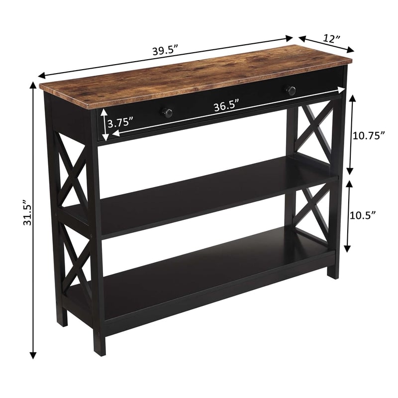 Pemberly Row 1-Drawer Console Table with Shelves in Black & Barnwood Wood Finish