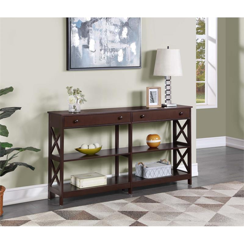 Pemberly Row Two-Drawer 60-inch Console Table w/ Shelves in Espresso Wood Finish