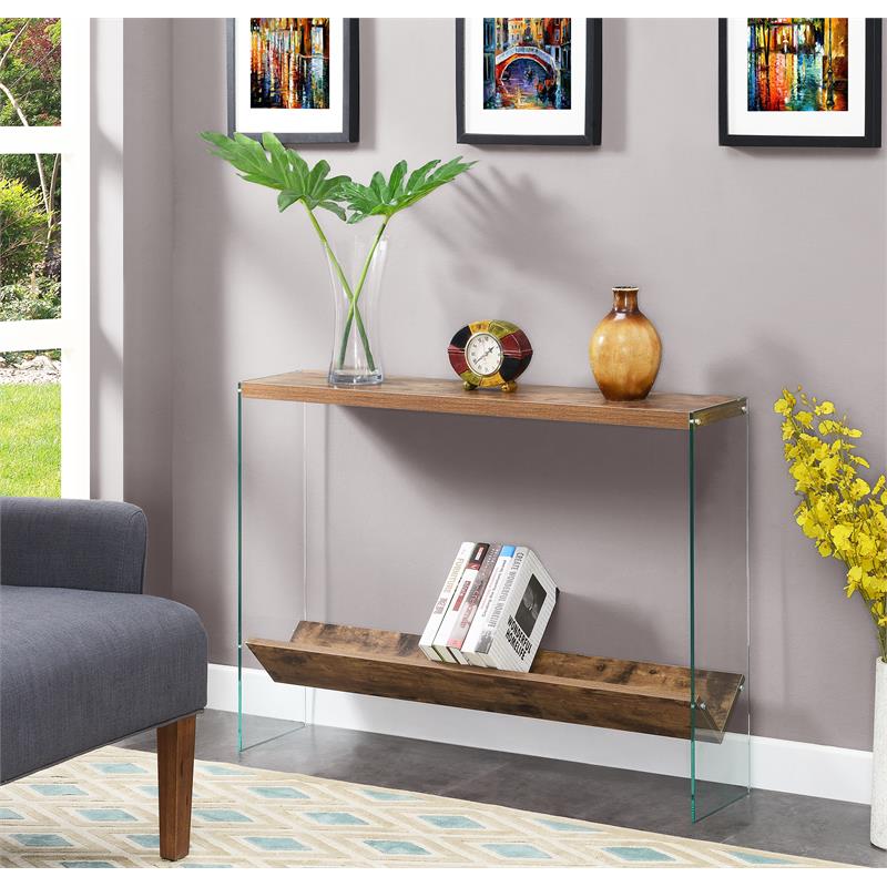 Pemberly Row V Console Table w/ Shelf in Nutmeg Wood Finish & Clear Glass Panels