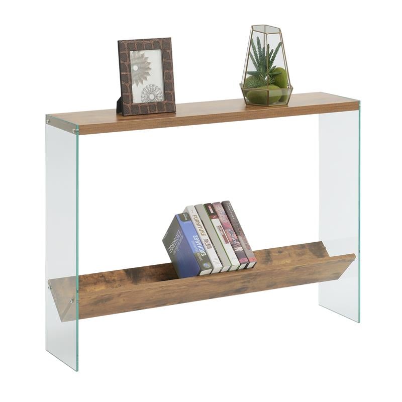 Pemberly Row V Console Table w/ Shelf in Nutmeg Wood Finish & Clear Glass Panels
