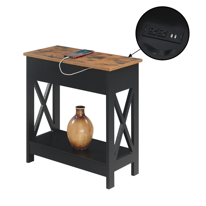 Pemberly Row Flip-Top End Table w/ Charging Station & Shelf in Black Wood Finish